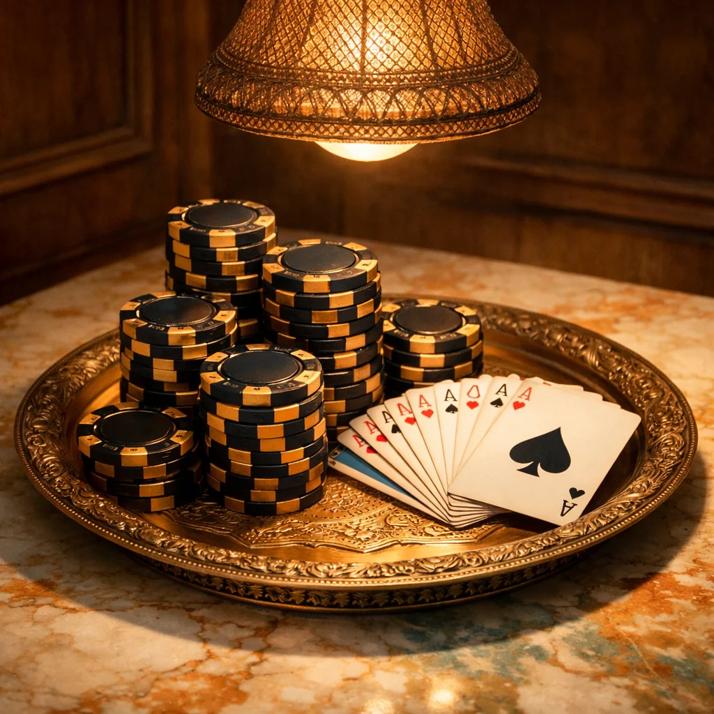 Close-up van gestapelde casinofiches in warm licht